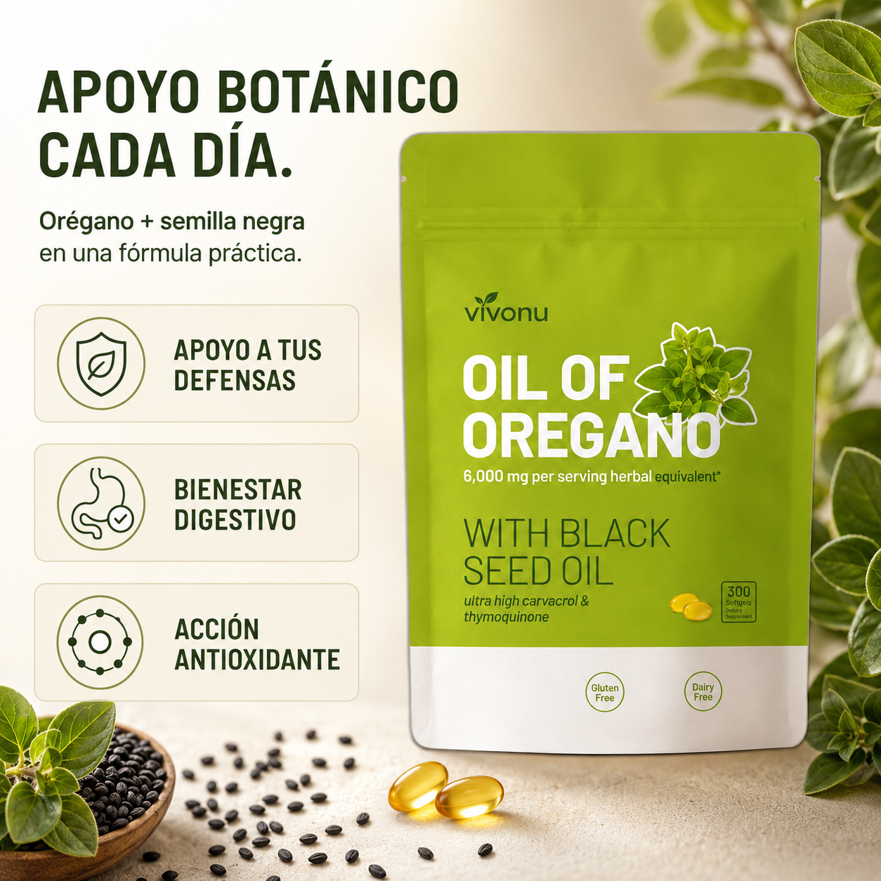 Vivonu Oil of Oregano with Black Seed Oil – 300 Softgels