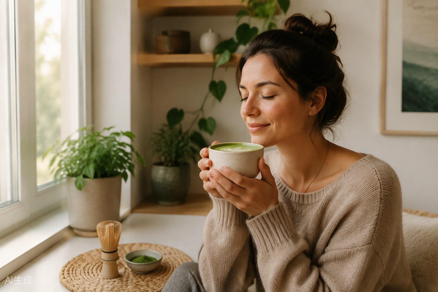 Mujer disfrutando su matcha de hongos en casa