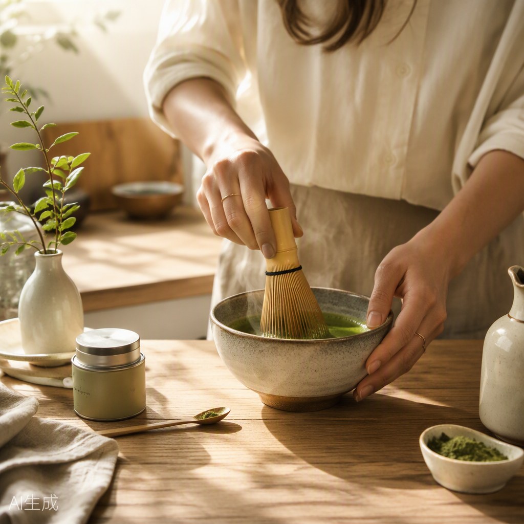 Preparando matcha de hongos RYZE con batidor de bambú