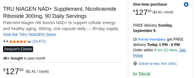 Tru Niagen 300mg 90 servicios en Amazon USA: $127.00