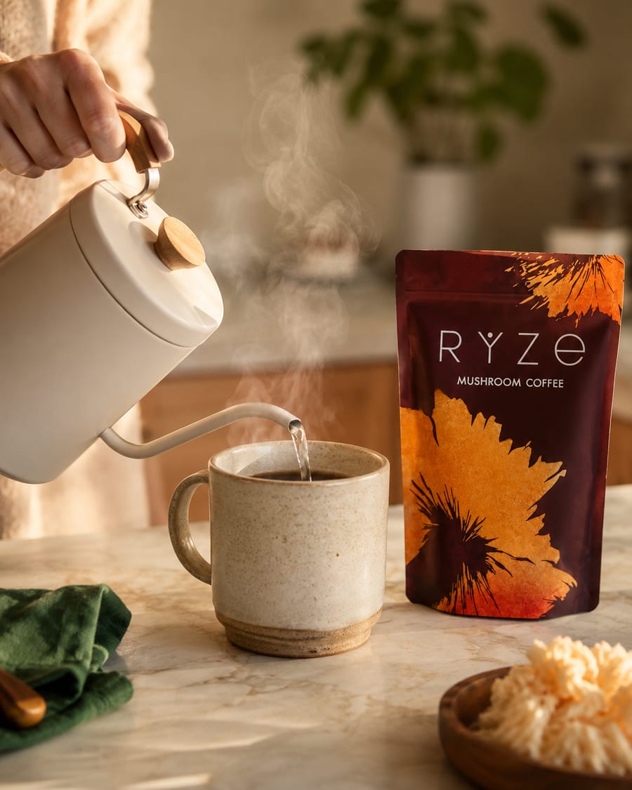 Preparando una taza de RYZE Mushroom Coffee
