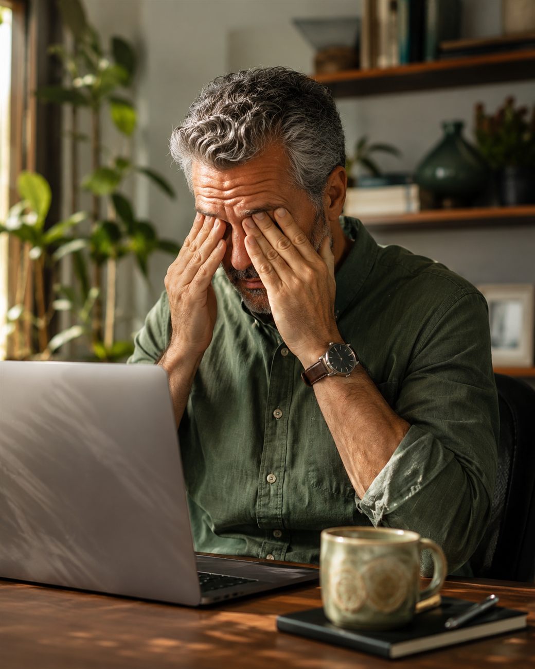 Profesional trabajando hasta tarde, sintiendo que le cuesta más rendir que antes